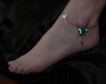 Butterfly Anklet Glow in the Dark / Bracelet Anklet / Stainless Steel Bracelet / Rose Gold / Silver /