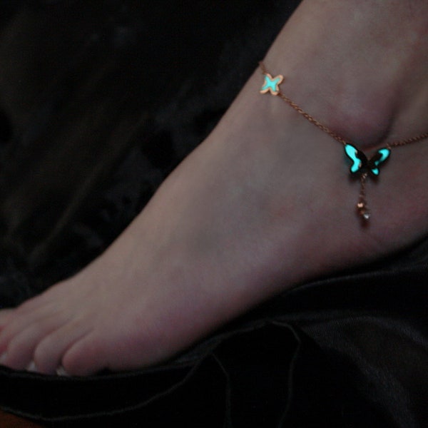 Butterfly Anklet Glow in the Dark / Bracelet Anklet / Stainless Steel Bracelet / Rose Gold / Silver /