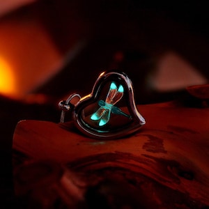Tiny Dragonfly Pendant - Heart Locket - Glow in the Dark-/ Silver Heart Locket - Nature