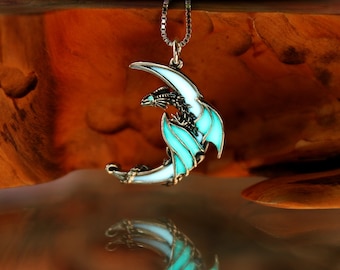 Dragon & Moon Necklace / Glow in the dark / Sterling Silver 925 /
