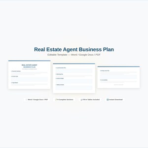 Pode incluir: Modelo digital para um Plano de Negócios de Agente Imobiliário. O documento é branco com detalhes azuis e inclui seções para metas financeiras, marketing e muito mais. O modelo é editável em Word, Google Docs e PDF.