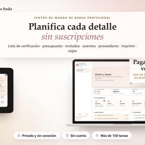 Może przedstawiać: Interfejs oprogramowania do planowania ślubów wyświetlany na laptopie i smartfonie. Ekran zawiera hiszpański tekst, w tym 'Planifica cada detalle sin suscripciones' oraz 'Paga una vez'. Funkcje obejmują listy kontrolne, budżet, listę gości i planowanie miejsc.