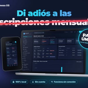 May include: A laptop and a smartphone displaying a dark-themed Business OS dashboard interface. Text overlays include "Di adiós a las suscripciones mensuales" with a red line through it, and a circular badge reading "PAGO ÚNICO TUYO PARA SIEMPRE".