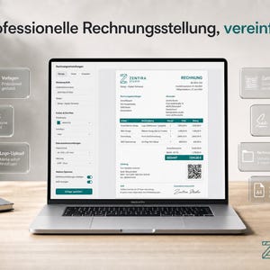 May include: A laptop screen displaying a Zentira Studio invoice software interface with a document preview, surrounded by floating translucent icons labeled with features like Vorlagen, Live-FX, Logo-Upload, Zahlungs-QR, and Digitale Signatur.
