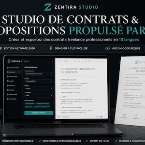 May include: A laptop displaying the Zentira Studio interface for creating contracts and proposals, alongside a printed service agreement document and a black mug with a teal Z logo. The screen shows text in French regarding professional service contracts.