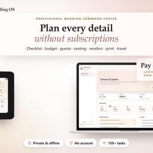 Op de afbeelding: Een digitaal dashboard voor huwelijksplanning genaamd Wedding OS, weergegeven op een laptop en smartphone. De interface bevat secties voor checklists, budgetten, gasten, zitplaatsen, leveranciers en reizen, met de tekst Plan every detail without subscriptions en Pay once lifetime use your device.