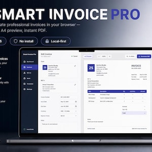 May include: A laptop screen displaying the Smart Invoice Pro software interface, featuring a dashboard, invoice editing tools, and a live A4 preview. The screen shows text including Professional Invoices, Ultimate 2026, No install, and Local-first.