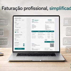 Op de afbeelding: Een laptopscherm toont professionele facturatiesoftware met de tekst Faturação profissional, simplificada. De interface toont een digitaal factuursjabloon met diverse instellingen, pictogrammen en een QR-code, omringd door zwevende labels.
