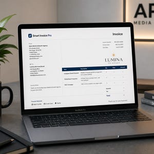 May include: A laptop screen displaying a Smart Invoice Pro document for Lumina Skincare from Apex Media & Growth. The invoice lists services including Instagram Growth, TikTok Reels Production, and UGC Campaign with a total balance of zero.