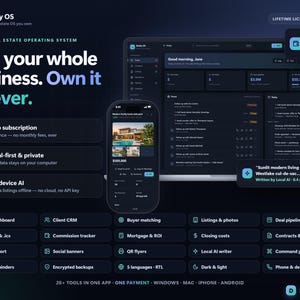 Real Estate Agent CRM Software & Realtor Planner | Lead Tracker, Listing Writer, Commission, Deal Pipeline | No Subscription