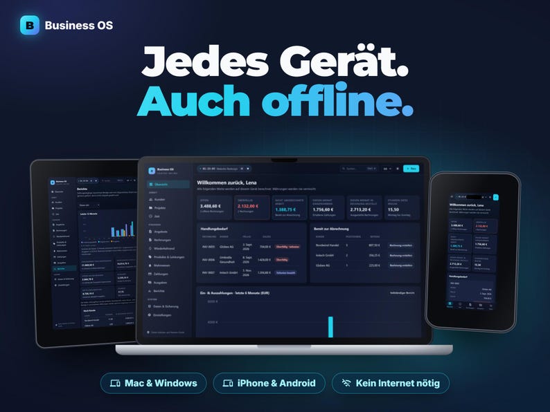 Business OS Offline-App — compatible with Chrome, Edge, Firefox, Safari; data stays local