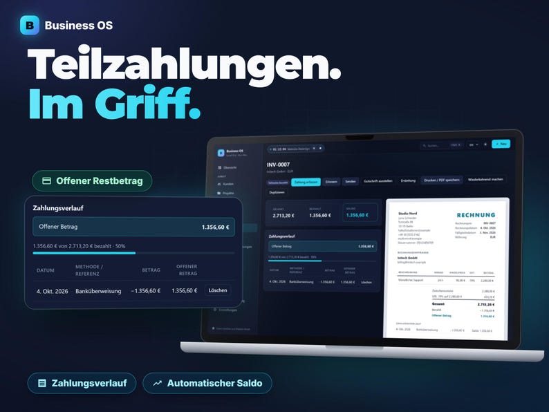 Business OS Offline-App — detail view of invoices, clients, or wedding planning modules
