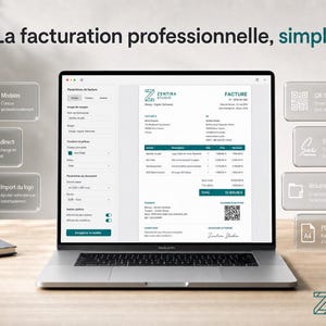Peut inclure: Un écran d'ordinateur affiche un logiciel de facturation professionnelle avec un modèle de facture Zentira Studio. L'interface présente des paramètres de marque, de couleurs et de documents, entourée de six icônes translucides détaillant des fonctionnalités comme les paiements QR, les signatures numériques et les exports PDF.