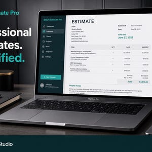 May include: A laptop displaying the Smart Estimate Pro software interface with a detailed estimate document. The screen shows columns for item, quantity, rate, and amount, with a total of $4,310.00. The text Professional Estimates. Simplified. is visible.