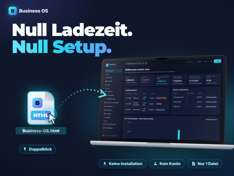 Business OS Offline-App — main dashboard with charts, lists, and navigation sidebar