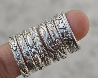 Stapelringe aus Sterlingsilber, verzierte Blumenrebe Boho Bandringe