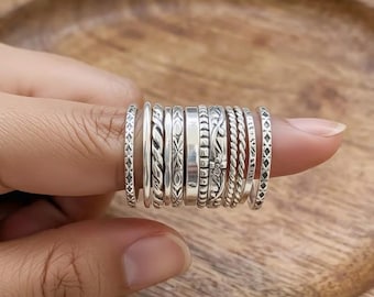 Stacking 925 Sterling Silver Ring Set, Handmade Assorted Patterns, Thin & Thick