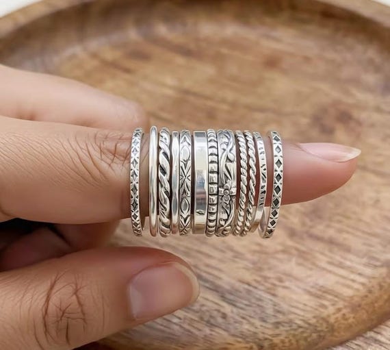 Stacking 925 Sterling Silver Ring Set, Handmade Assorted Patterns, Thin & Thick
