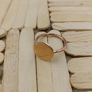 May include: A rose gold ring with a circular, flat face. The ring is set against a background of light brown wooden sticks.