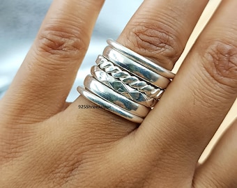 Sterling Silver Stacking Ring Set, Hammered Twist Bands, Boho Statement Ring