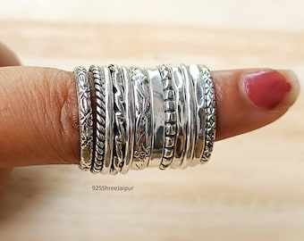 Stacking 925 Sterling Silver Ring Set, Handmade Assorted Patterns, Thin & Thick