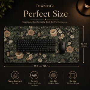 Puede incluir: Alfombrilla de escritorio con estampado floral, teclado y rat&oacute;n negros. La alfombrilla mide 80 cm de largo y 40 cm de ancho. Tiene una superficie resistente al agua, una superficie lisa de poli&eacute;ster/tela, una base de goma antideslizante y bordes cosidos duraderos. El texto dice "Perfect Size".