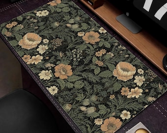XXL Vintage botanisk skrivbordsmatta, mörk blommig musmatta, stor vattentät halkfri förlängd skrivbordsmatta, estetisk kontors- och speldekor