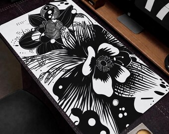 Alfombrilla de escritorio abstracta floral, alfombrilla de ratón con flores blancas y negras, alfombrilla de escritorio artística grande, alfombrilla de escritorio antideslizante para teclado, alfombrilla de ratón de regalo para artistas