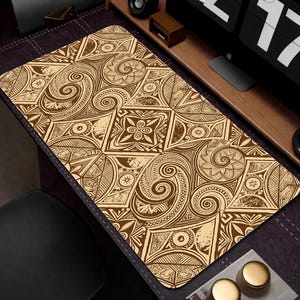 May include: A rectangular desk mat with a repeating geometric pattern in shades of brown and beige. The design features swirls, triangles, and other shapes. The mat is likely made of a durable material and is designed to protect a desk surface.
