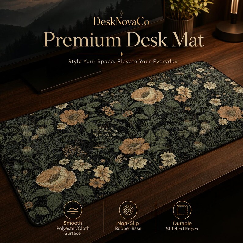 Puede incluir: Alfombrilla de escritorio rectangular con un estampado floral, con grandes flores de color beige y blanco sobre un fondo verde oscuro. La alfombrilla muestra el texto "DeskNovaCo Premium Desk Mat" y "Style Your Space. Elevate Your Everyday." Tiene una superficie de poli&eacute;ster lisa, una base de goma antideslizante y bordes cosidos duraderos.