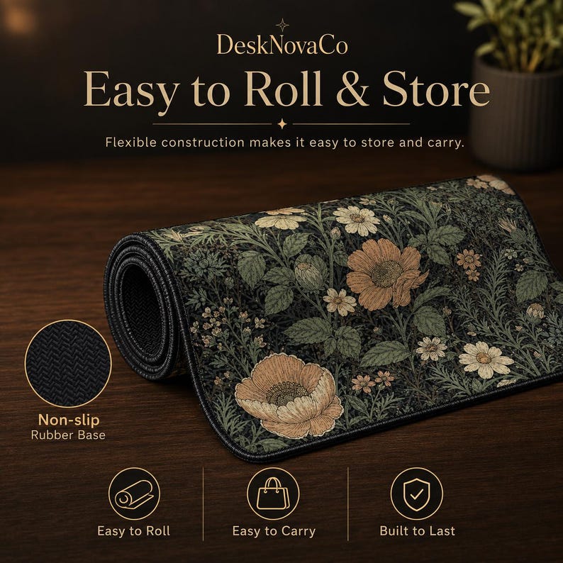 Puede incluir: Alfombrilla de escritorio enrollada con un dise&ntilde;o floral en tonos verdes, beige y marr&oacute;n. La alfombrilla tiene el texto "Easy to Roll & Store" y "Non-slip Rubber Base". El dise&ntilde;o incluye flores y follaje.