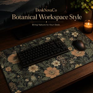 Puede incluir: Una configuraci&oacute;n de espacio de trabajo bot&aacute;nico con una alfombrilla de escritorio con estampado floral, un teclado y un rat&oacute;n negros. La alfombrilla tiene un fondo oscuro con flores beige y blancas. El texto "DeskNovaCo Botanical Workspace Style" es visible.