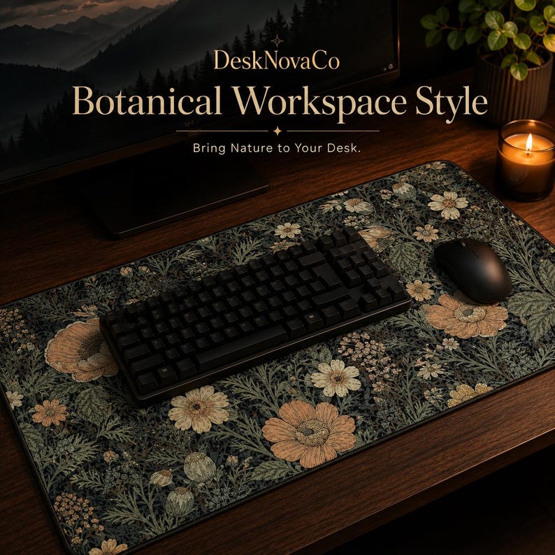 Puede incluir: Una configuraci&oacute;n de espacio de trabajo bot&aacute;nico con una alfombrilla de escritorio con estampado floral, un teclado y un rat&oacute;n negros. La alfombrilla tiene un fondo oscuro con flores beige y blancas. El texto "DeskNovaCo Botanical Workspace Style" es visible.