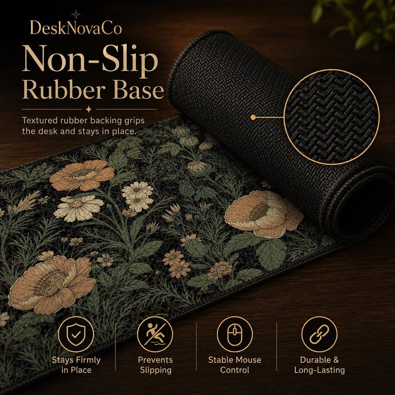 Puede incluir: Alfombrilla de rat&oacute;n enrollada, negra y floral, con el texto "DeskNovaCo Non-Slip Rubber Base". La alfombrilla presenta un detallado estampado floral en tonos beige, verde y blanco. La parte trasera es texturizada para agarre.