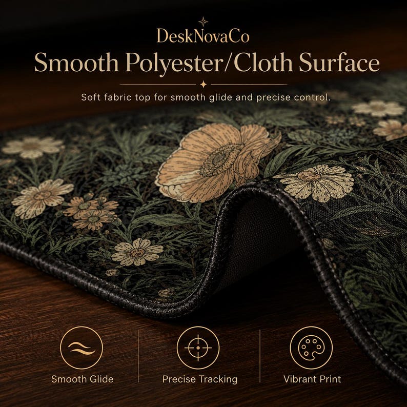 Puede incluir: Alfombrilla de rat&oacute;n con estampado floral negro y verde con el texto "DeskNovaCo Smooth Polyester/Cloth Surface". La alfombrilla tiene una parte superior de tela suave para un deslizamiento suave y un control preciso. Tiene un deslizamiento suave, un seguimiento preciso y una impresi&oacute;n vibrante.
