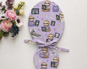 XRay Tech Sloth Ponytail Scrub Cap, Lavender Radiology Satin Lined Hat