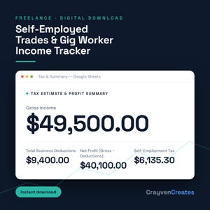 Może przedstawiać: Cyfrowy plik do pobrania zatytułowany Self-Employed Trades & Gig Worker Income Tracker. Interfejs przedstawia podsumowanie podatków i zysków w arkuszu Google Sheets z dochodem brutto 49 500,00 USD, odliczeniami 9 400,00 USD, zyskiem netto 40 100,00 USD i podatkiem 6 135,30 USD.