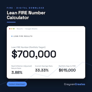 May include: A digital Lean FIRE Number Calculator spreadsheet interface displaying a portfolio target of $700,000, a 3.88% inflation-adjusted return rate, a 33.33% current savings rate, and a $615,000 portfolio gap to FIRE, presented on a dark background.