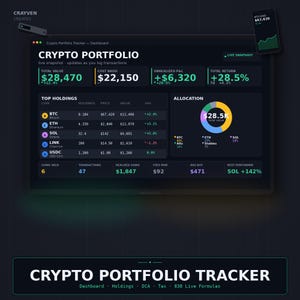 Op de afbeelding: Een donker thema crypto portfolio tracker dashboard met financiële gegevens. Belangrijke statistieken zijn onder meer de totale waarde, de kostenbasis, de ongerealiseerde winst en verlies en het totale rendement. De interface toont top holdings, allocatiepercentages en prestatie-indicatoren.
