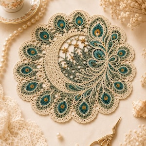 May include: A round crochet doily featuring a central crescent moon motif surrounded by intricate peacock feather patterns in shades of cream, sage green, teal, and gold. The design includes small star shapes and delicate lace edging.