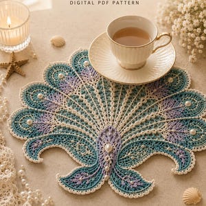May include: A peacock-shaped crochet doily featuring intricate teal, lavender, and cream thread work embellished with small white pearls. The text Peacock Crochet Doily Pattern DIGITAL PDF PATTERN is displayed at the top of the image.