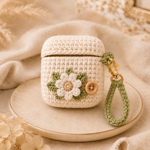May include: A cream-colored crochet case for wireless earbuds featuring a white and sage green floral applique, a small wooden button, and a sage green braided wrist strap attached to a gold-toned metal lobster clasp hook.