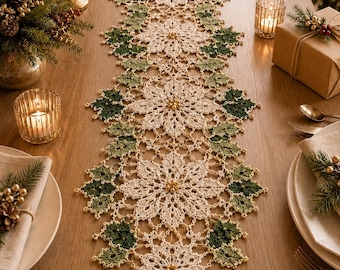 May include: A long, rectangular crochet table runner featuring a repeating pattern of white poinsettia flowers and dark green holly leaves. The design is accented with small gold beads at the centre of each flower and throughout the lace border.
