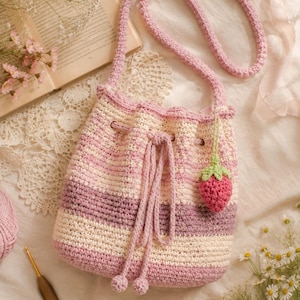 Crochet Shoulder Bag Pattern PDF, Pink & White Drawstring Purse, Easy Crochet Handbag Pattern, Cute Bag Pattern for Women
