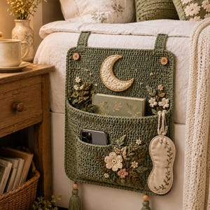 Puede incluir: Un organizador de mesita de noche de ganchillo en color verde salvia con una aplicación de media luna, detalles florales bordados y dos botones de madera. Incluye un bolsillo principal con un libro y un bolsillo frontal pequeño.