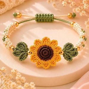 May include: A macrame bracelet featuring a central yellow sunflower with a dark brown center, flanked by two green crocheted leaves. The band consists of cream-colored woven cord, small gold-toned beads, and an adjustable green sliding knot closure.