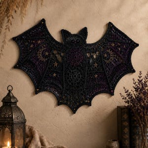 Crochet Bat Wall Hanging, Gothic Halloween Wall Decor, Witchy Moon Star Bat Decor, Handmade Boho Spooky Home Accent