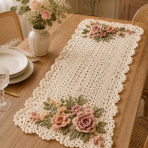 Crochet Table Runner, Handmade Floral Boho Table Decor, Cream Lace Runner with 3D Roses, Cottagecore Dining Centerpiece
