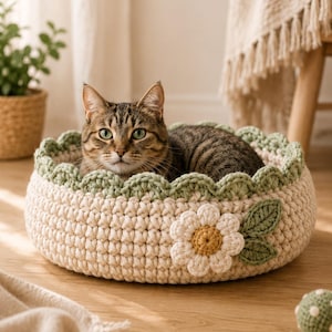 Peut inclure: Un panier pour animal de compagnie rond en crochet couleur crème avec un bord festonné vert sauge. L'extérieur présente une grande marguerite blanche en crochet avec un cœur jaune et deux feuilles vert sauge. Un chat tabby est à l'intérieur.
