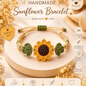 May include: A macrame bracelet featuring a central crocheted sunflower with yellow petals and a brown center, flanked by two green leaves. The band is made of cream-colored cord with gold-tone beads and an adjustable green sliding knot closure.